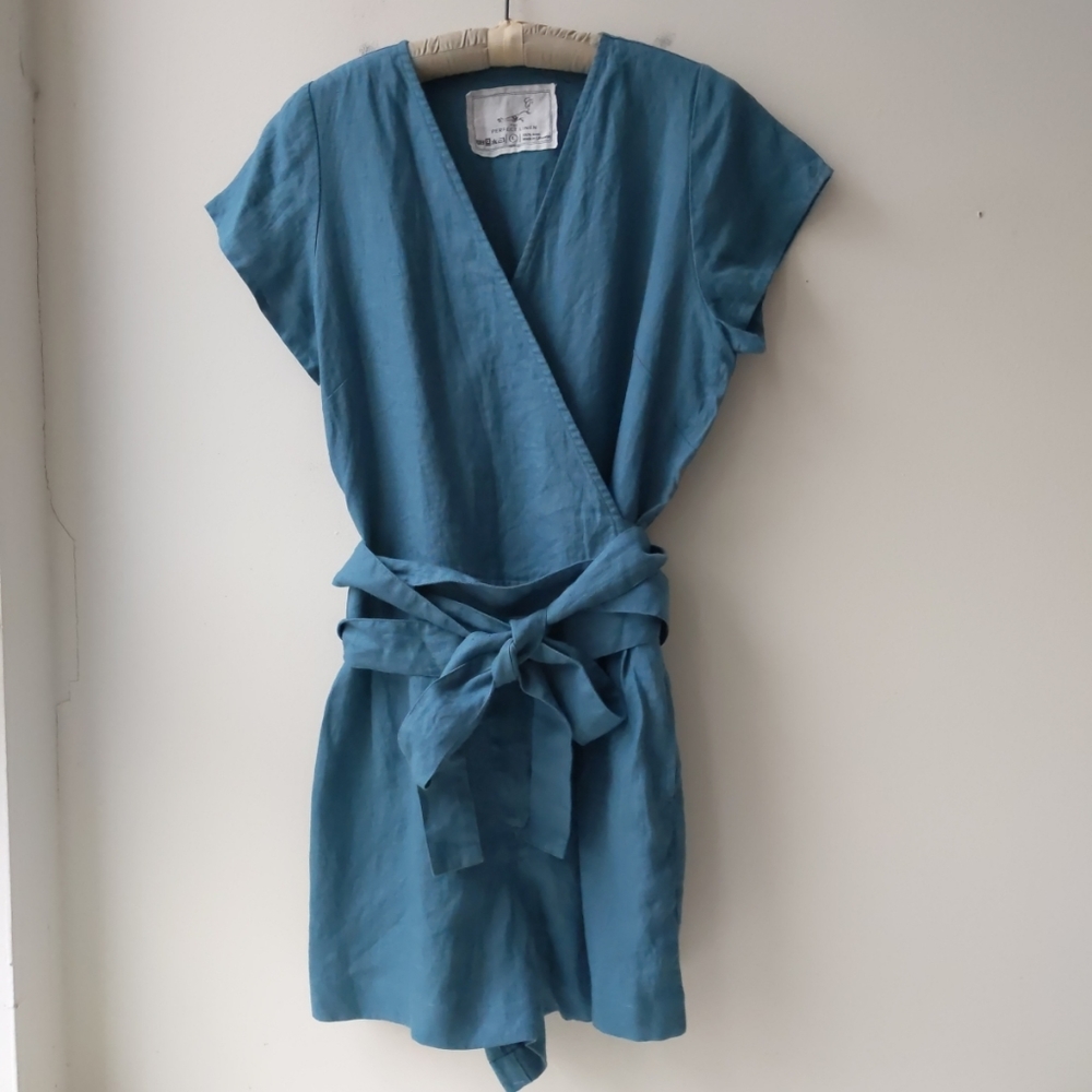 Not Perfect Linen Wrap Jumpsuit Short Turquoise Blue Women's Size Large